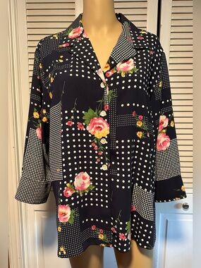 Appleseed’s Blue Satin Floral Polka Dot 3/4 Sleeve Button Down Blouse Size 18